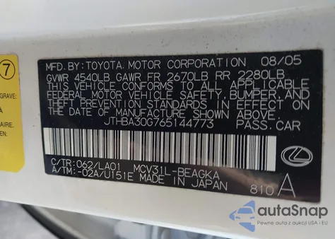 2006 Lexus Es 330 z USA, uszkodzony, nr VIN JTHBA30G765144773